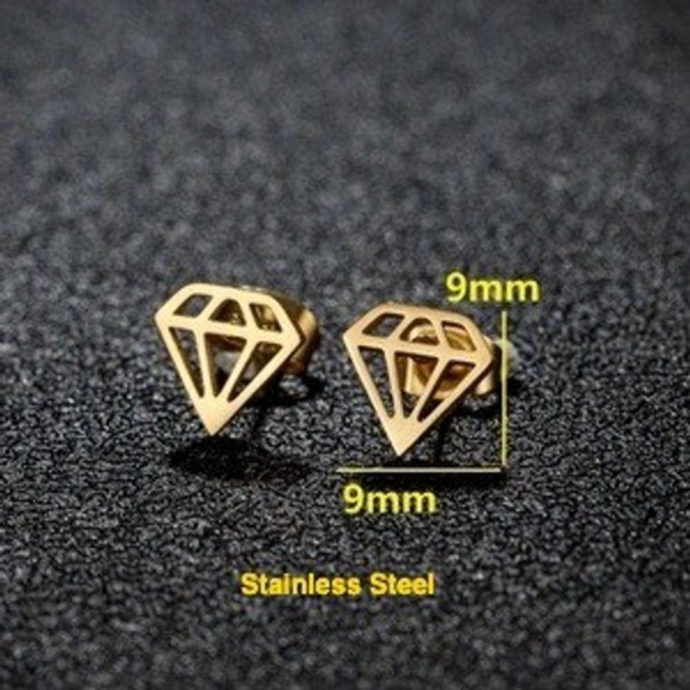 Gold Stainless Steel Diamond Shape Geometric Stud Earrings Minimalist 9mm Studs